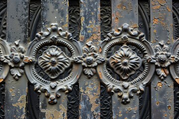 Detailed image of an ornate metal gate with intricate patterns and signs of aging