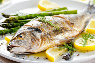 tasty and healthy baked fish with asparagus and lemon, ketogenic fitness food with a lot of unsaturated fats, omega 3