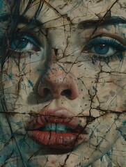 Grunge Art: Painting of Young Teenage Girl with Blue Eyes and Stressed Expression on Old Cracked Wall

