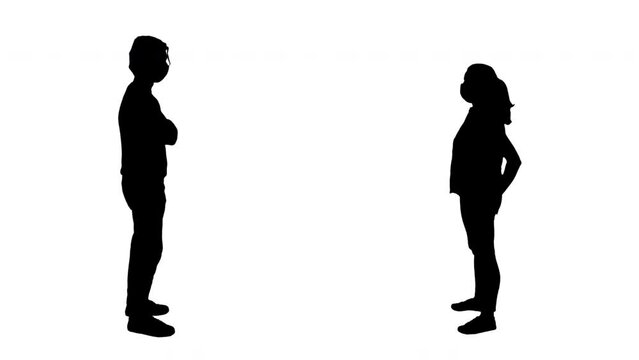 Silhouette Couple Wearing Face Mask Protection Full Body Profile Shot. Silhouettes of a man and a woman wearing a face mask protection. Full body, profile shot