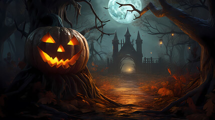Halloween pumpkin with glowing face in dark forest