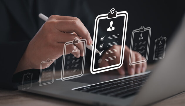 Recruitment people or Human Resource Management (HR) concept: businessman uses a laptop for human development, recruitment, leadership, and targeting the customer group to fill positions the company	