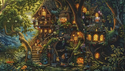 For a traditional art medium, depict a whimsical side view habitat of a bustling forest treehouse Capture vibrant, intricate details of tiny creatures going about their day in this magical setting