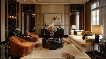 Craft a visually stunning scene of an elegantly furnished room