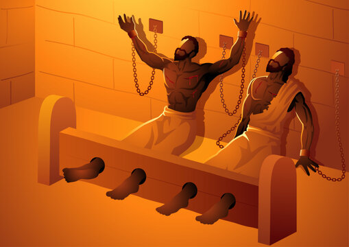 Biblical vector illustration series, Paul and Silas had a tough time in prison, but they stayed strong. Even though they were locked up, their strong faith in God gave them hope and light in the dark