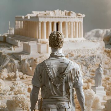 A man looking at a miniature Parthenon.