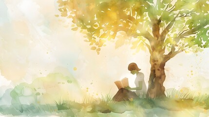 Mother and Child Reading Together under Tranquil Watercolor Tree Scene