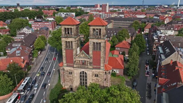 Aerial drone view of St. Antonius church in M&uuml;nster , Germany . 