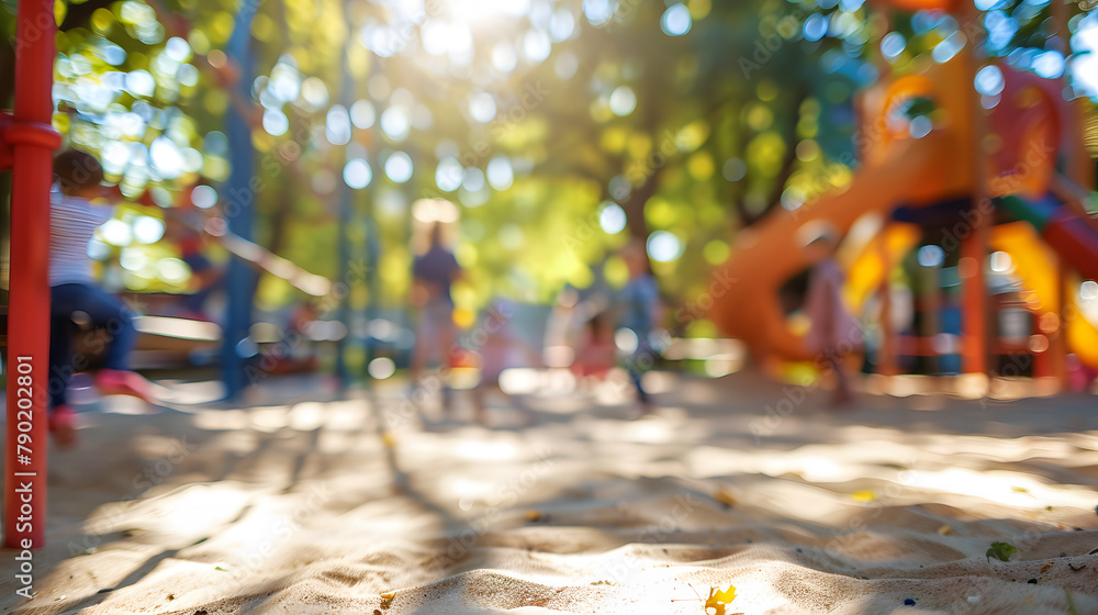 Poster unfocused setting of children frolicking in a playground. bokeh effect