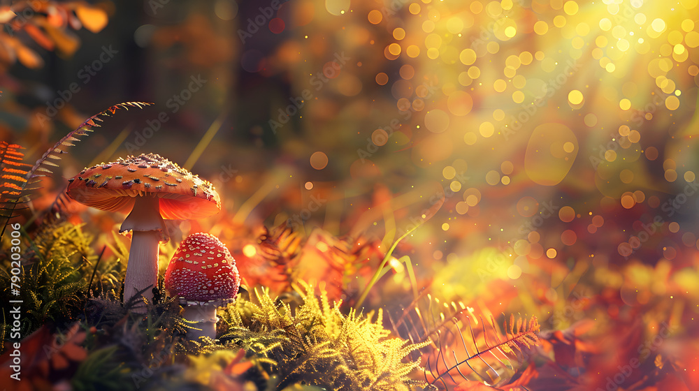 Poster vibrant blurred setting of an autumn environment in the grove with mushrooms and ferns. twilight sky