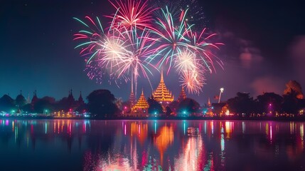 Fototapeta premium Vibrant Vesak Reflected in Serene Lake near Buddhist Temple
