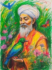 Portrait Illustration of a Sufi Master with painted face. Islamic Famous man face. Sufi saint like Rumi, Hafiz, Khaiyaam, Amir Khusrow. Ancient Sufi art. Essence of sufism. Sufi Floral Illustrations.