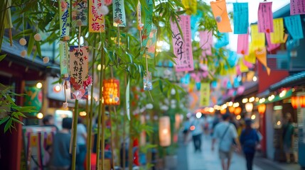 Vibrant Tanabata Festival on Lively Japanese Street