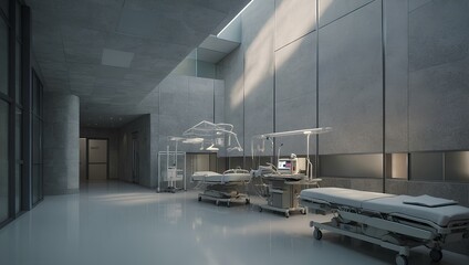 A quiet corridor in the hospital. The corridor is long and narrow, with a white tiled floor and bright white walls. On either side of the corridor, white hospital beds are lined, each bed covered with