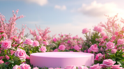 pink cake on the meadow with pink roses in the background stock photo,