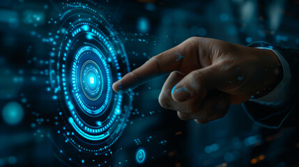 A man is pointing to a blue circle with a padlock on it. Concept of security and protection. Digital concept.