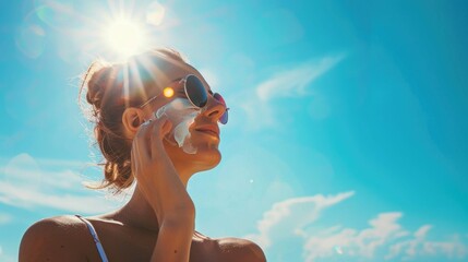 The process of sunscreen application, the lotions sheen on skin under the bright sun