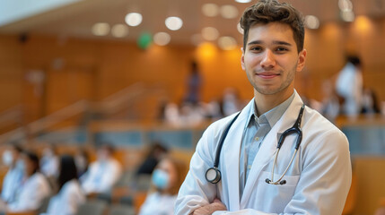Portrait of a medical student in an amphitheater engaging directly with the camera surrounded by peers and a clinical setting in the background