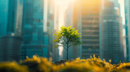 Small vibrant tree growing strong against a soft focus of urban high rises illustrating the concept of green business practices - obrazy, fototapety, plakaty
