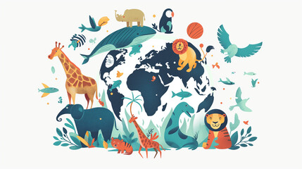 A flat design featuring a globe surrounded by various endangered animals, emphasizing the importance of wildlife conservation. , flat illustration