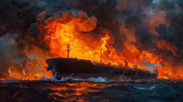 Fiery explosion on an oil tanker at sea vivid orange flames engulf the vessel with a backdrop of the deep blue ocean