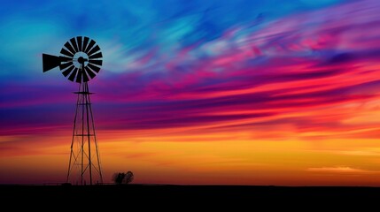 A windmill is standing in a field with a beautiful sunset in the background