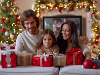 Fototapeta na wymiar A family of three, a man, a woman and a child, are sitting on a couch in front of a Christmas tree. They are surrounded by many presents, including a large box with a red ribbon