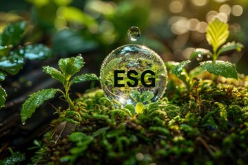 A small glass sphere with the letters ESG on it is surrounded by green plants - obrazy, fototapety, plakaty