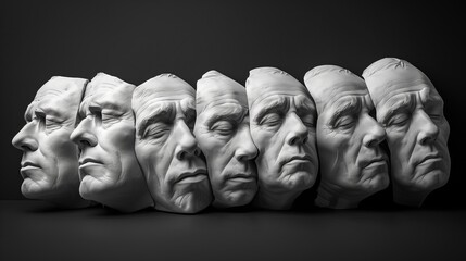 Seven Sculptures of Identical Old Man's Face with Different Expressions


