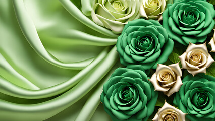 green satin background with white and yellow roses - Powered by Adobe