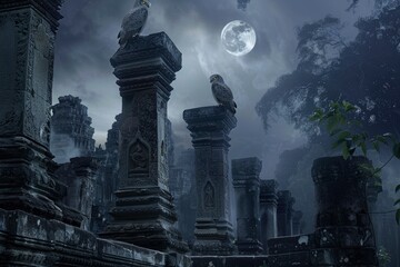 A dark, eerie scene with two owls perched on stone pillars - obrazy, fototapety, plakaty