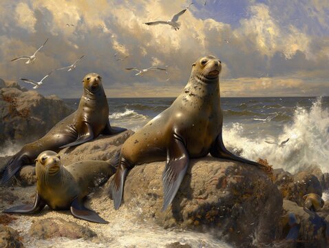 Three seals are on a rock in the ocean. The painting is of a rocky shoreline with a cloudy sky
