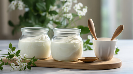 Two jars of yogurt sit on a wooden tray with a spoon and a small bowl - Powered by Adobe