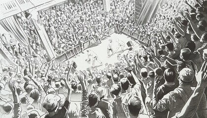 Illustrate a detailed pen and ink drawing of a high-angle view of a busy concert venue, with crowds of music enthusiasts enjoying a live performance Use intricate linework to depict the energy and exc