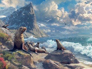 A group of seals are on a rocky shore near the ocean. The scene is peaceful and serene, with the seals lounging on the rocks and the waves crashing in the background. Concept of calm and tranquility