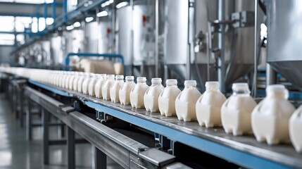 Modern fully automatic dairy industy factory or plant with rows of white farm milk in glass or plastic bottles