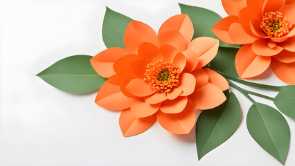 Paper flowers and envelope on white background, top view. Space for text