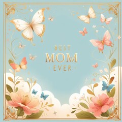 Golden Butterflies Best Mom Blue Backdrop