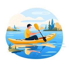Obraz premium Minimalist UI illustration of Kayaking in a flat illustration style on a white background with bright Color scheme, dribbble, flat vector, up32K HD