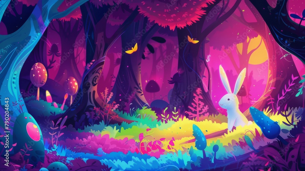 Poster enchanted rabbit exploring a magical forest with vivid colors and mystical mushrooms at dawn