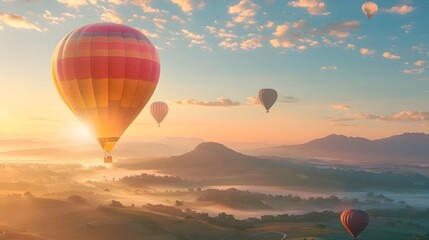 Hot Air Balloons Soaring at Sunrise Over Picturesque Summer Landscapes in a Serene and Uplifting Adventure