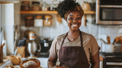 A smiling woman stands in a kitchen with apron on and a tray of bread in front of her - Powered by Adobe