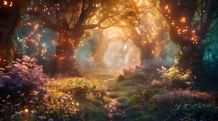 Obraz premium Enchanting Woodland Landscape of Whimsical Fantasy Immersed in Ethereal Radiance