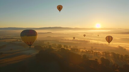 Breathtaking Hot Air Balloons Soaring at Picturesque Sunrise Over Serene Landscapes
