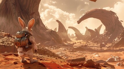 Adventurous rabbit with backpack trekking through a desert landscape with ancient arches and distant planets - obrazy, fototapety, plakaty