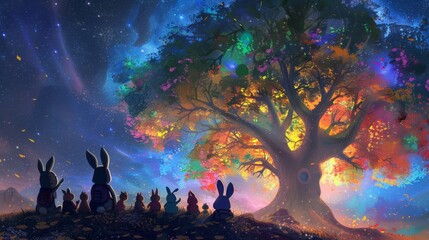 Rabbits gathered under a cosmic tree with a vivid celestial sky and falling leaves in a mystical night - obrazy, fototapety, plakaty