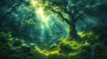 Fototapeta premium Fantastic forest with giant trees, atmospheric and fairy-tale landscape.