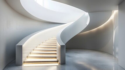 Elegant Spiral Staircase in Minimalist Modern Museum with Soft Lighting