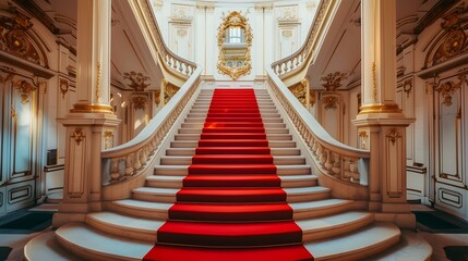 Fototapeta premium Luxurious Grand Staircase in an Opulent Classic Mansion with Ornate Decor and a Red Carpet