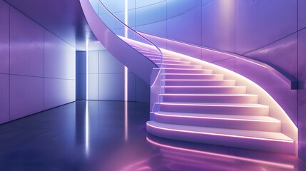 Obraz premium Sleek Futuristic Stairs in a High-Tech Corporate Headquarters with Vibrant Neon Lighting and a Cutting-Edge Interior Design